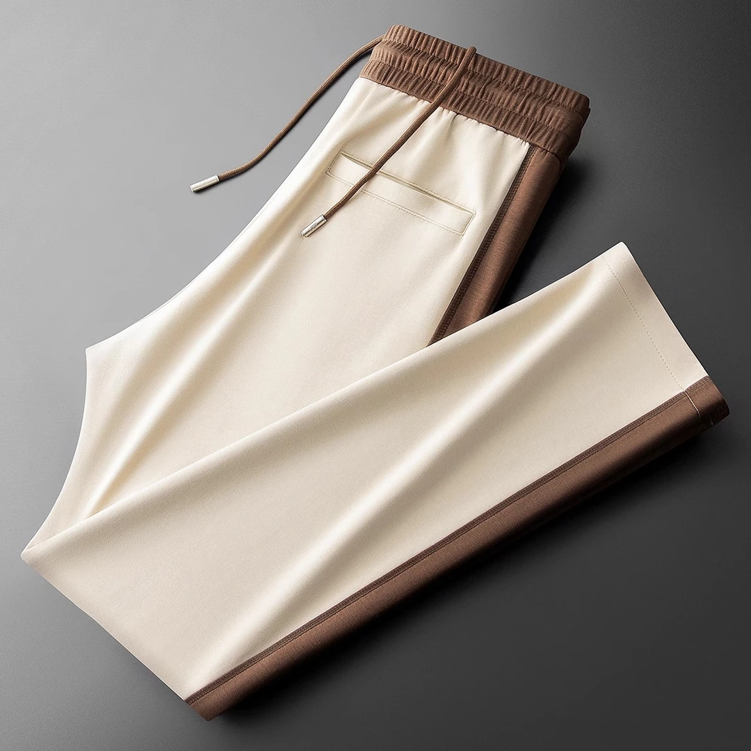 时尚轻奢春夏冰丝面膜太空棉莫代尔撞色拼接男直筒运动卫裤休闲裤
