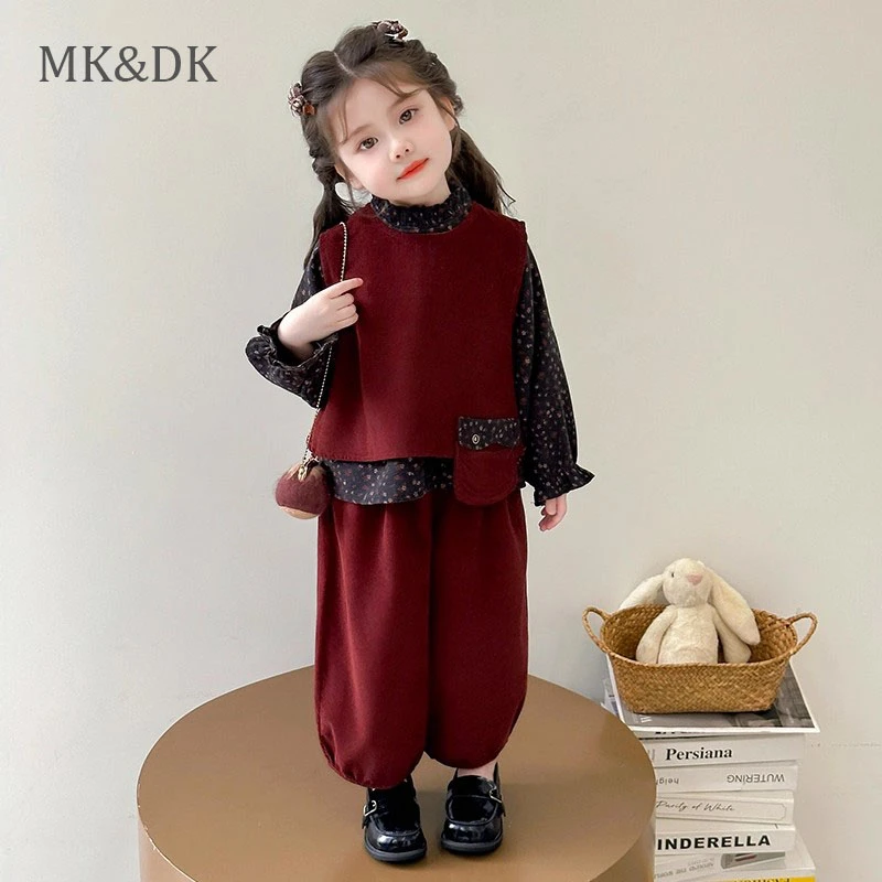 儿童秋季套装2025新款洋气森系碎花马甲衬衣女童秋装套装