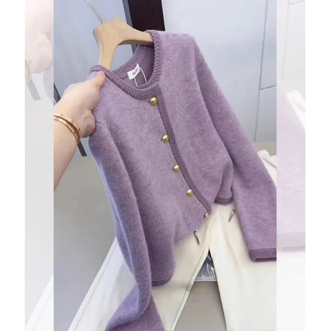 洋气小香风紫色圆领针织开衫秋冬显瘦慵懒风时尚洋气百搭毛衣外套