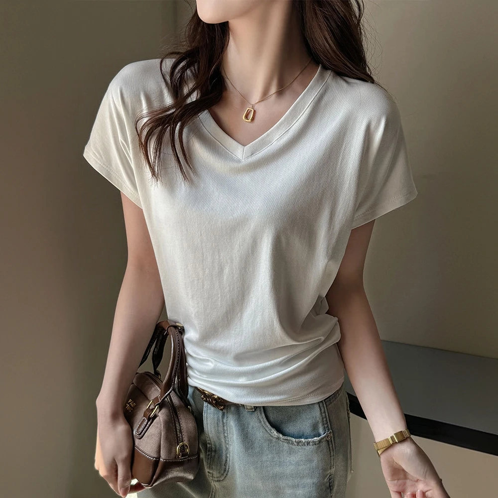 韩系v领短袖t恤女夏季新款宽松显瘦慵懒风基础款百搭正肩打底上衣
