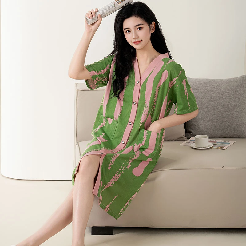 睡裙女士夏季新款短袖开衫甜美宽松可外穿连衣裙子睡衣薄款家居服