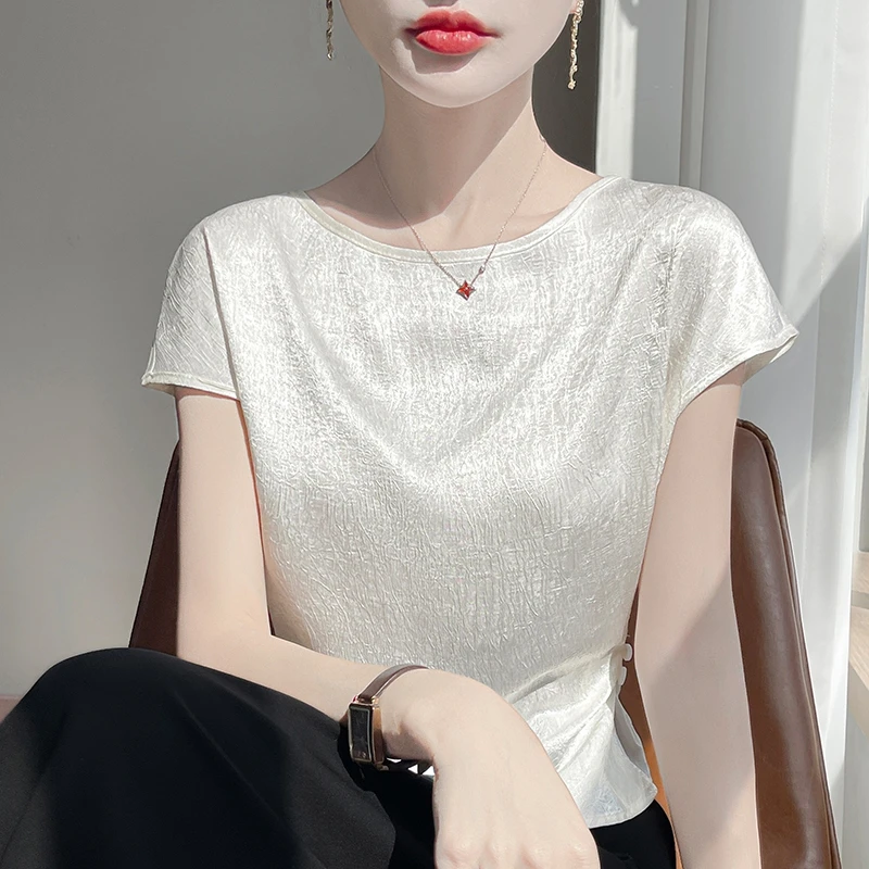 白色短袖女款爆款2025新款洋气时髦气质短款打底衫高级感修身上衣