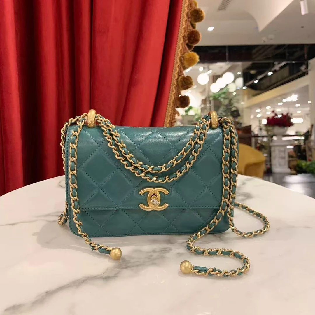 95新 Chanel/香奈儿 好好21A双金珠19绿色金扣牛皮芯片款17985608
