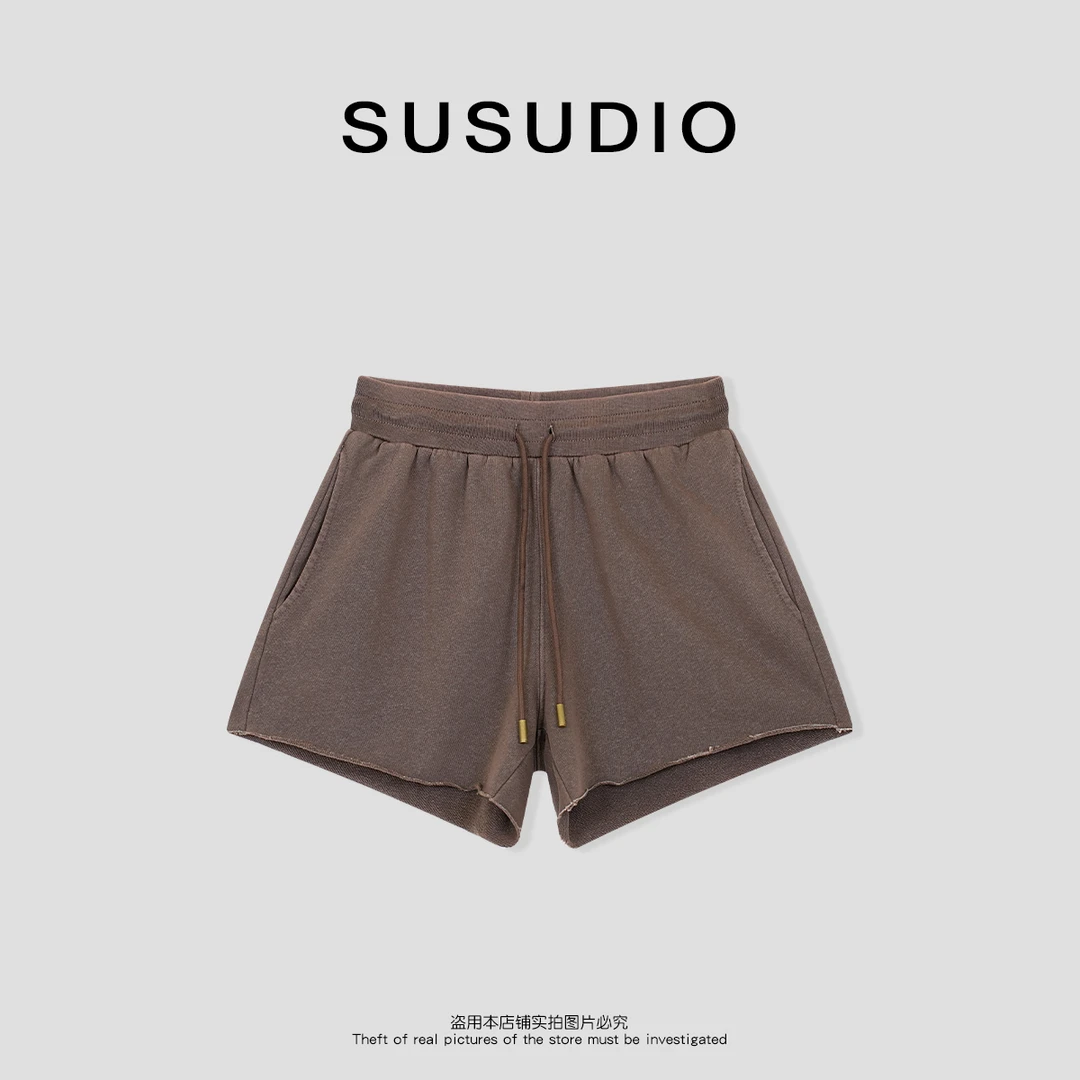 SUSUDIO 极简风松紧腰显腿长纯色卷边宽松短裤 40578