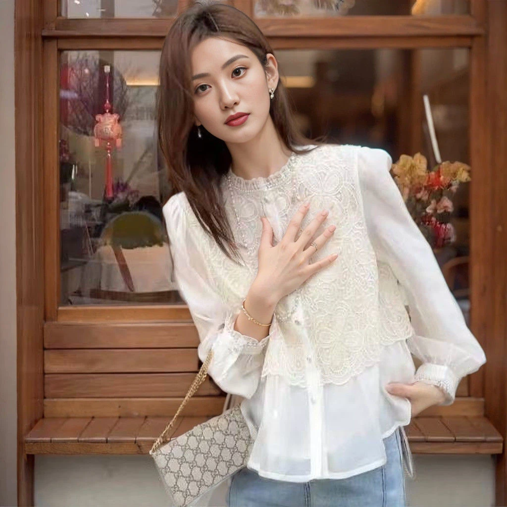 时尚气质蕾丝花边假两件衬衫女2025春夏新款百搭洋气拼接减龄上衣