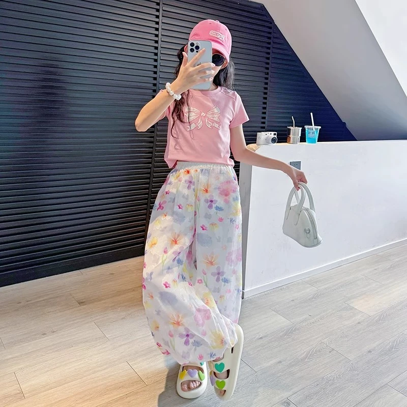 女童花苞裤夏季2025新款儿童休闲裤子薄款女孩大童夏季短袖套装