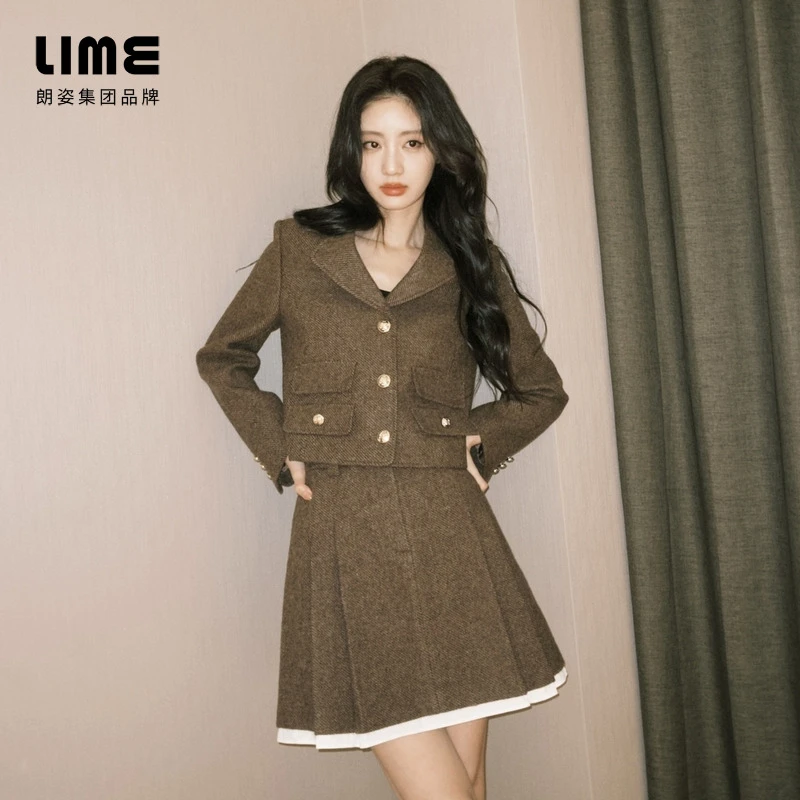 莱茵朗姿英伦风复古羊毛呢梭织短截上衣棕色LDGD9BWCJ605
