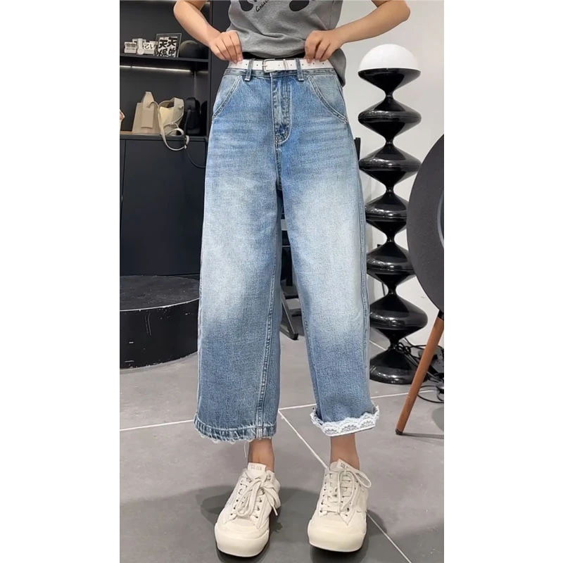 艾塔莉设计感拼接蕾丝牛仔裤女夏季新款九分裤大码显瘦百搭直筒裤