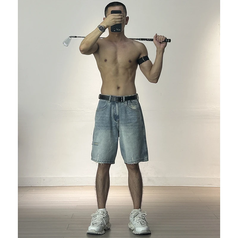 夏季美式潮牌浅蓝水洗破洞牛仔短裤男五分裤休闲中裤