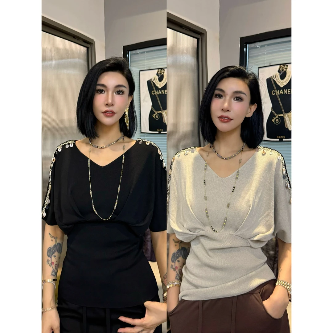 SONG-原创【上衣-贝壳衫】新款冰丝曲珠十六支透气凉感百搭五分袖