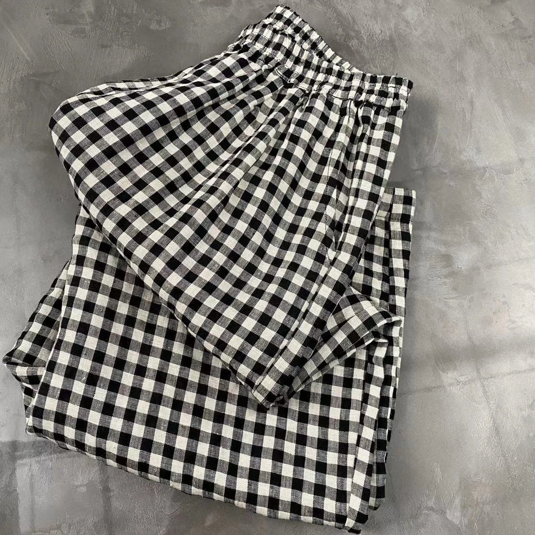 福禧·爱尼夏季新款时尚百搭休息亚麻格子裤1062-2