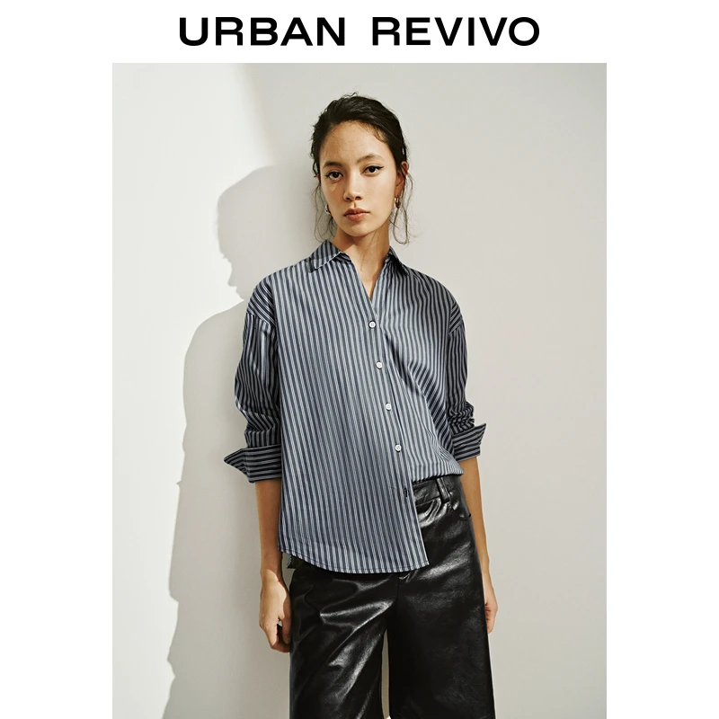 UR2025春季新品女装欧若风轻熟风撞色条纹长袖开襟衬衫UWM250024