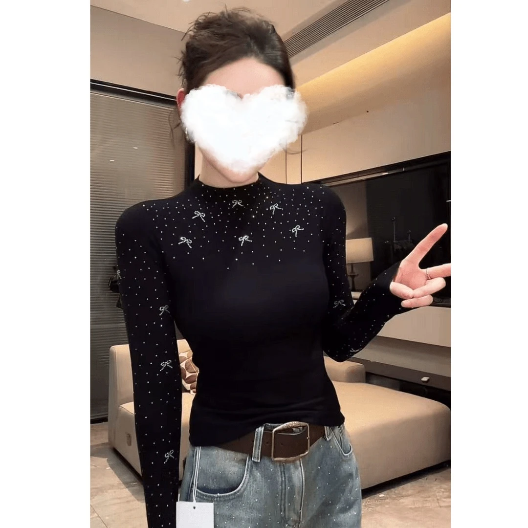 性感蝴蝶结烫钻半高领打底衫2025款洋气上衣修身显瘦长袖t恤