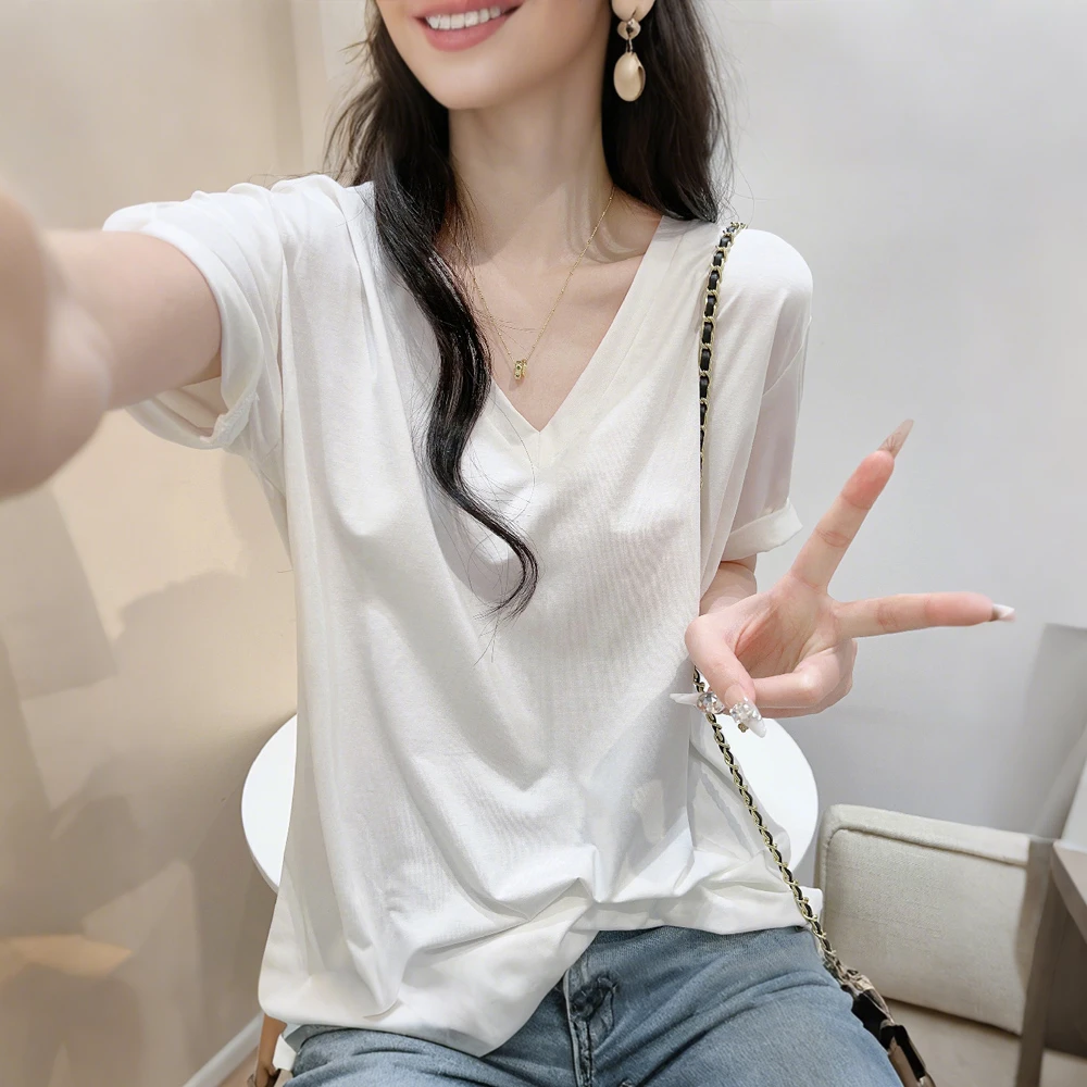 夏季V领薄款简约复古纯棉T恤衫宽松别致百搭通勤时髦休闲显瘦上衣