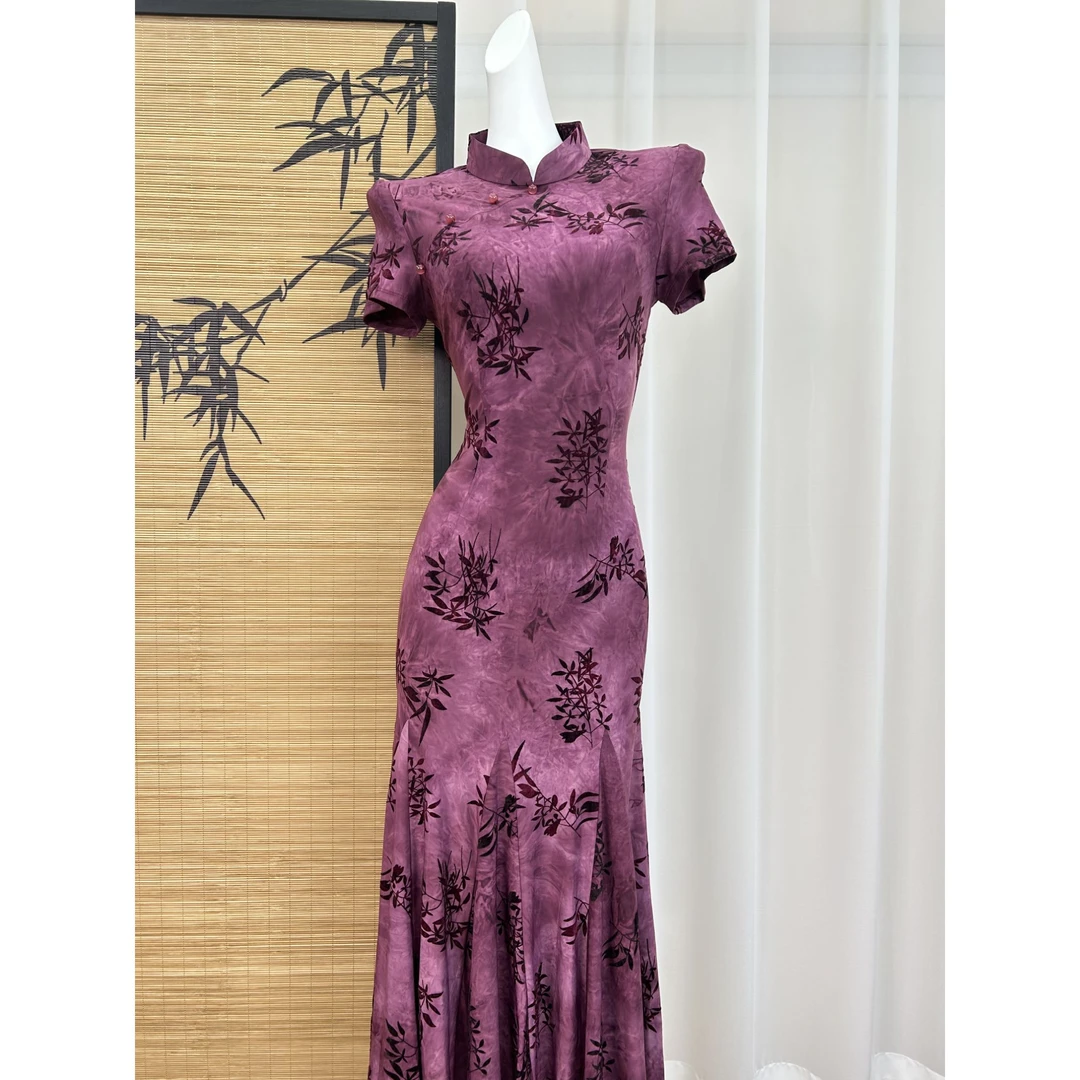 复古风紫色鱼尾旗袍2025年夏季新款优雅改良新中式日常可穿连衣裙