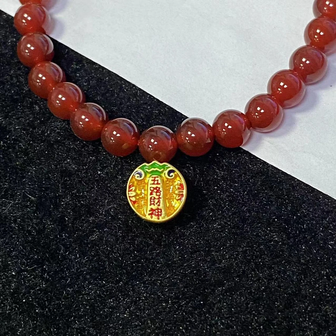 足金999烧蓝款五路财神穿红玛 瑙手串@@A268