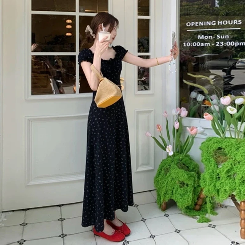 2025新款黑色碎花连衣裙子女夏季今年流行爆款长裙夏日小个子3261