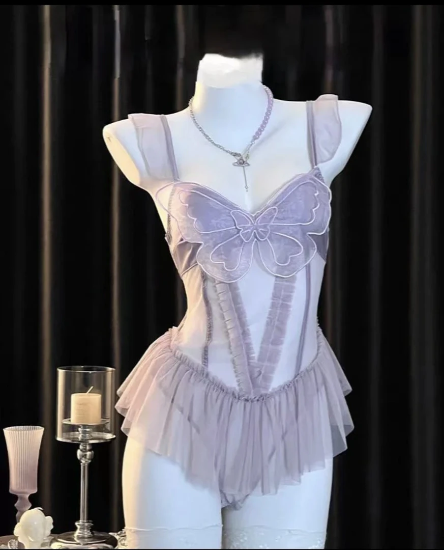 睡衣2025新款法式纯欲紫色蝴蝶结网纱露背睡裙