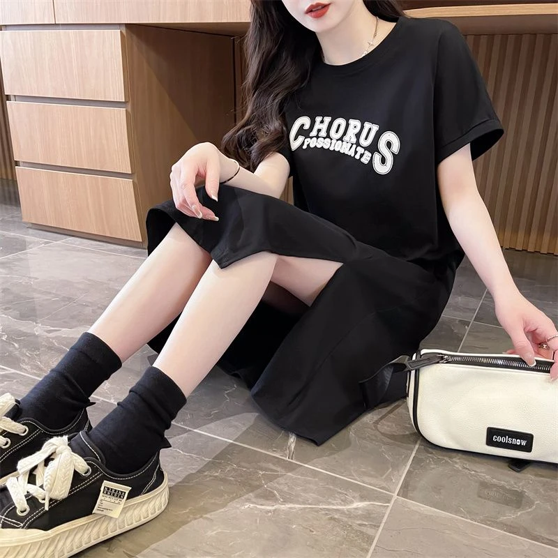 纯棉遮屁股体恤中长新爆款短袖T恤女夏季初高中学生开叉正肩上衣