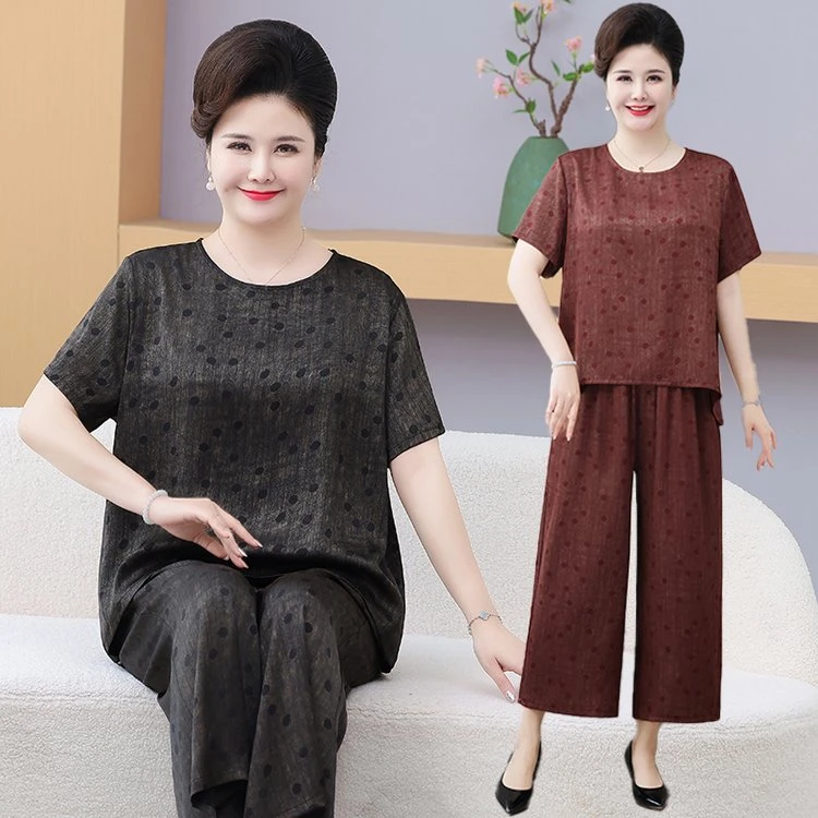 胖妈妈装短袖套装加肥加大码中老年人女装夏季新款宽松T恤两件套
