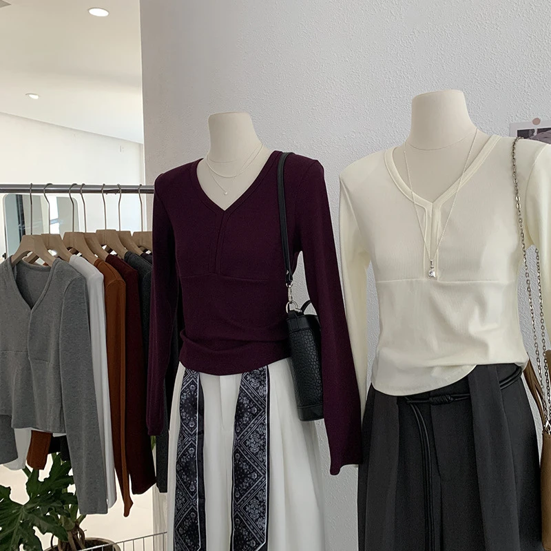 秋季显瘦长袖短款修身时尚百搭打底衫内搭欧玛莱纯色螺纹棉弹力带