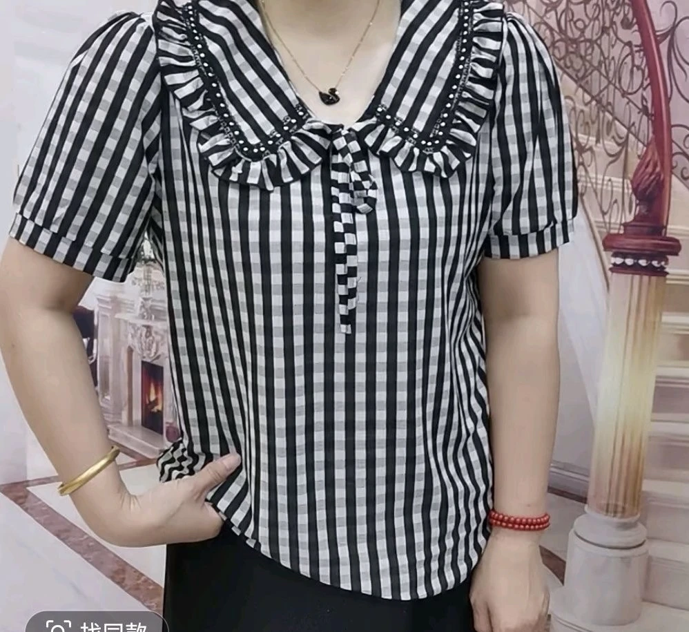 夏季爆款时尚洋气漂亮小衫遮肚子宽松显瘦百搭韩版格子娃娃领上衣