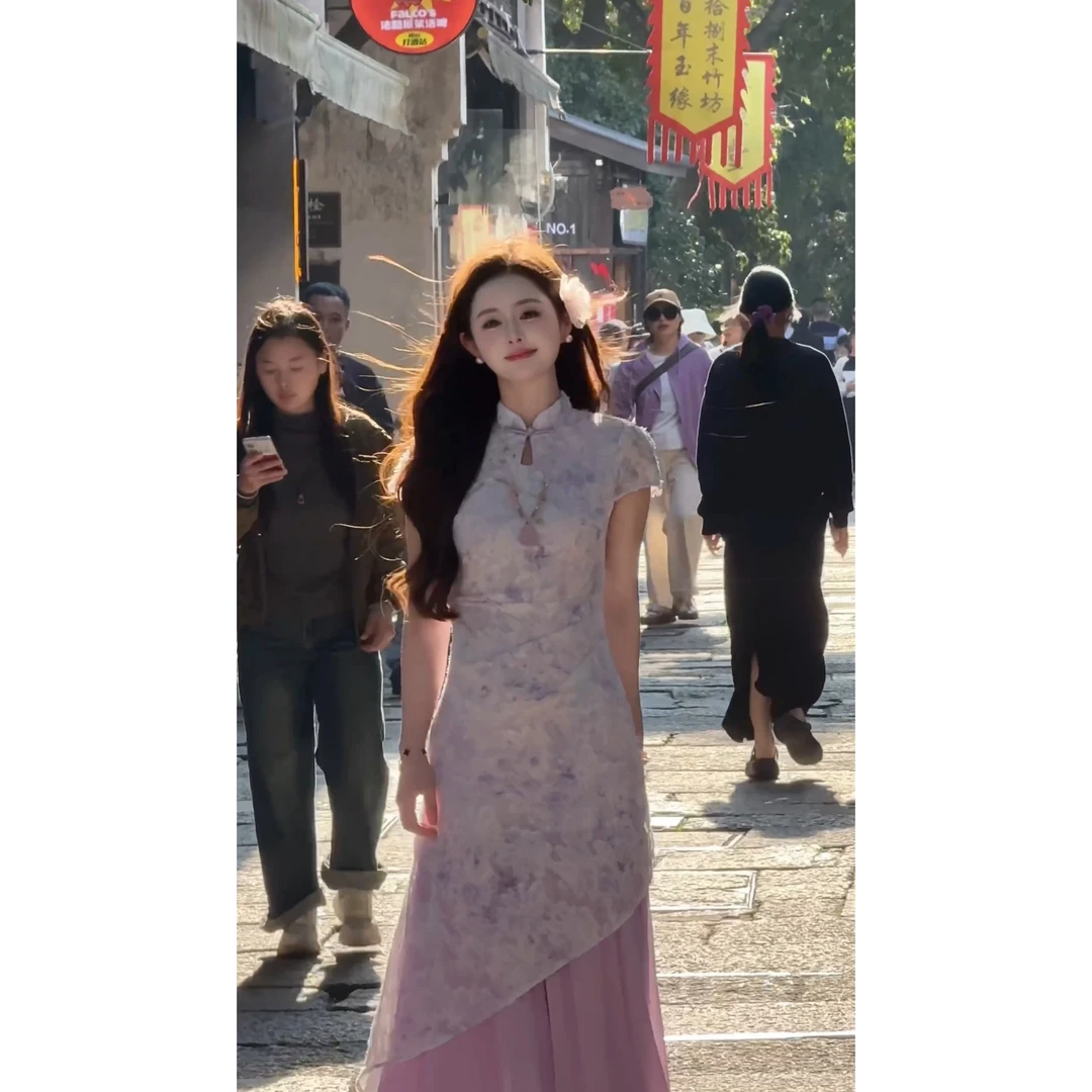 【苼紫嫣】<77>新中式气质假两件拼接旗袍夏季连衣裙显瘦XMZH6444