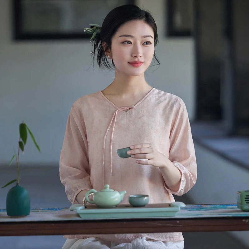 二喜夏国风气质改良禅意素雅盘扣禅意改良V领汉服小衫新中式茶服