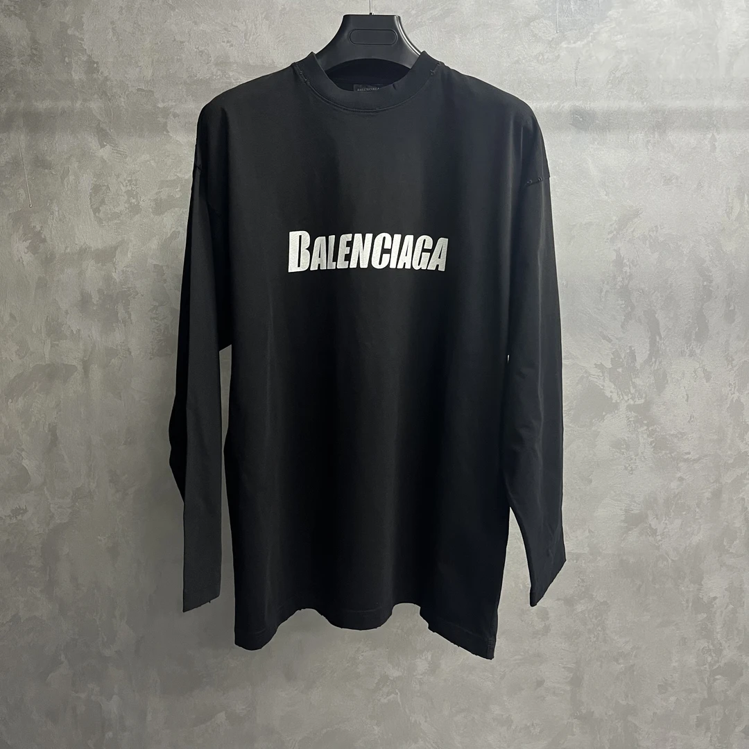 未使用 Balenciaga/巴黎世家 黑色标志印花圆领长袖T恤/1码