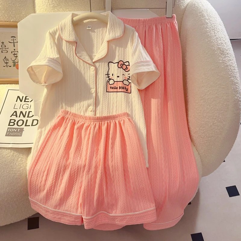 卡通hellokitty儿童针织棉短袖开衫睡衣女童夏季三件套装中大童