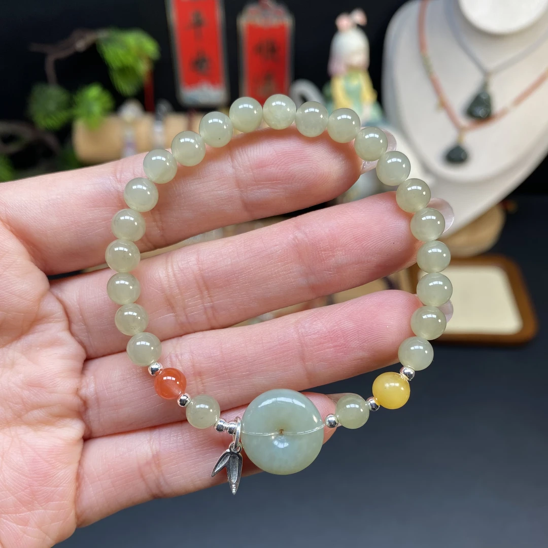 【和田玉6m手串】A576搭配南红蜜蜡和田玉平安扣轻奢时尚百搭小清新