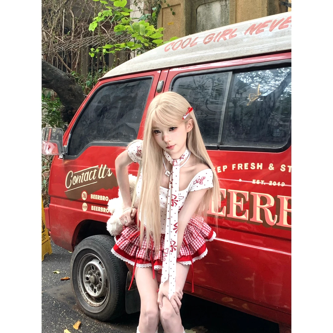 绘梨衣【miu系少女】夏季辣妹纯欲蝴蝶结印花上衣拼接格子短裙套装