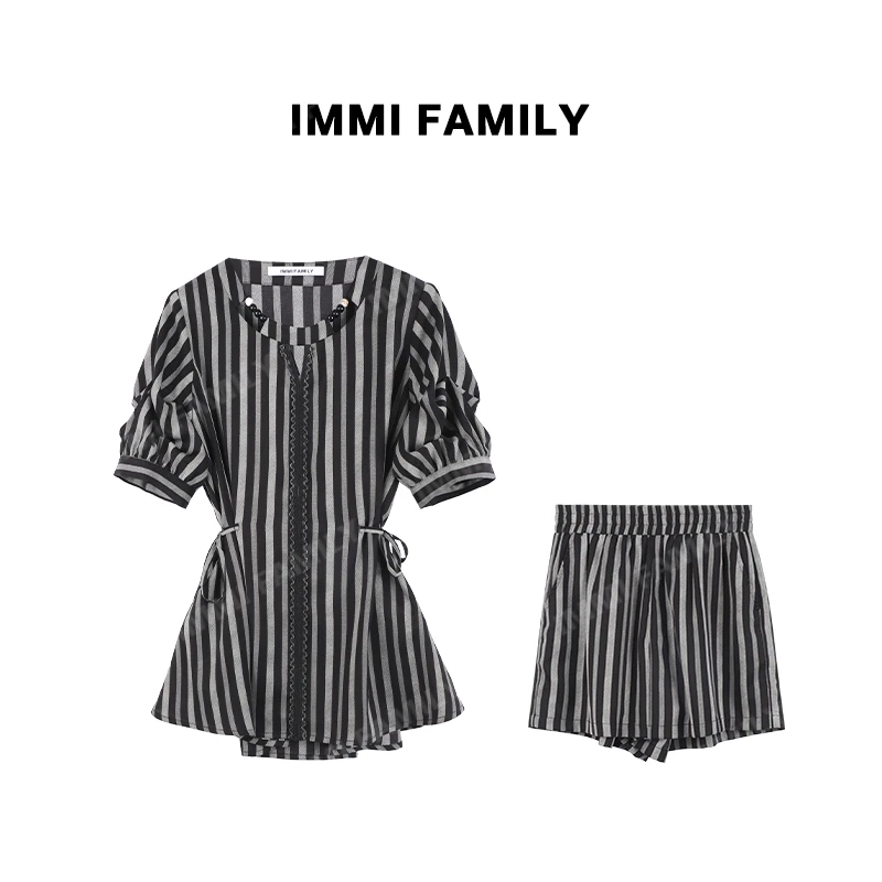 “澜夜黑条”简约条纹圆形衬衫收腰气质上衣高腰短裤气质通勤套装