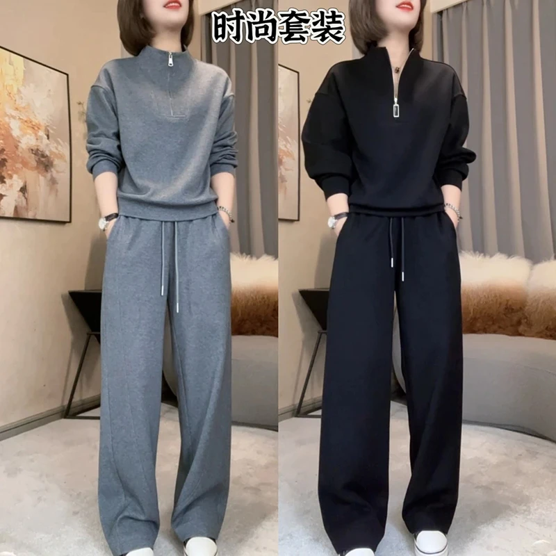 时尚休闲运动套装女2025春季新款纯色简约百搭显瘦卫衣长裤两件套