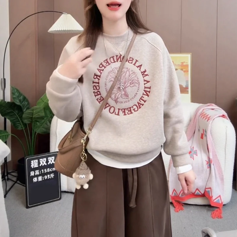 美式宽松圆领长袖冬款卫衣秋冬新款胖MM大码女装百搭休闲上衣