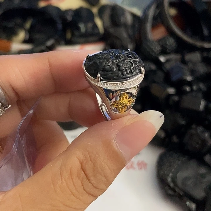 银S925镶嵌戒指翡翠墨翠龙戒指