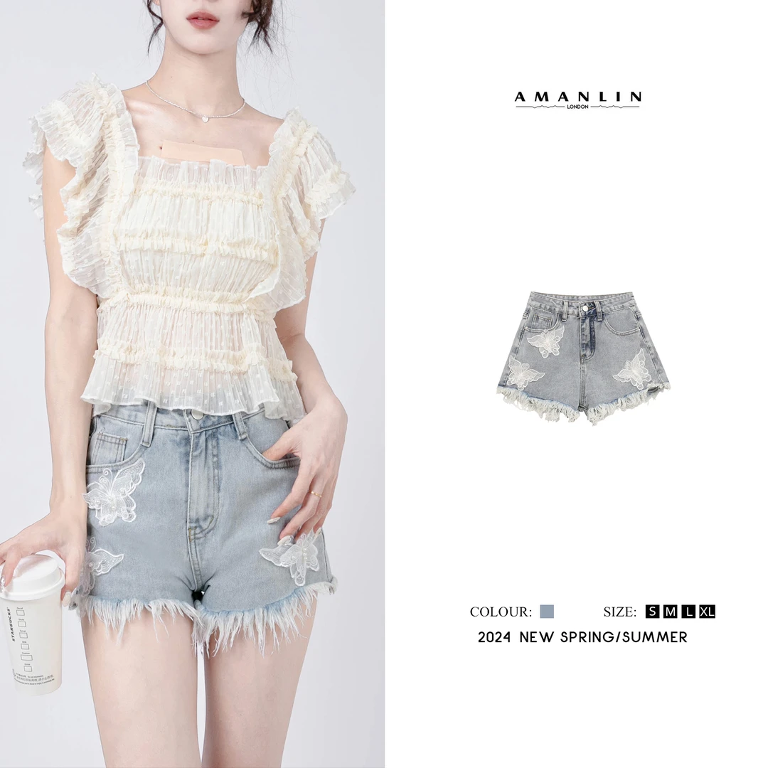 AMANLIN/阿谩琳【星星糖】春夏高腰毛边蝴蝶结牛仔短裤LT591998
