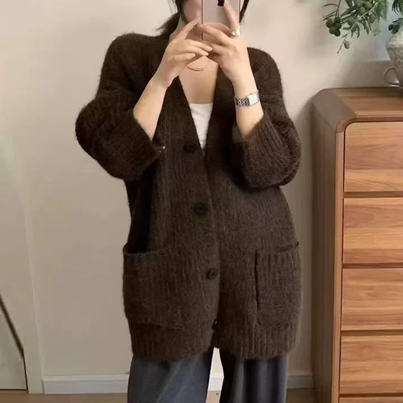 【丹姐家~元宝针口袋开衫】慵懒韩系针织开衫