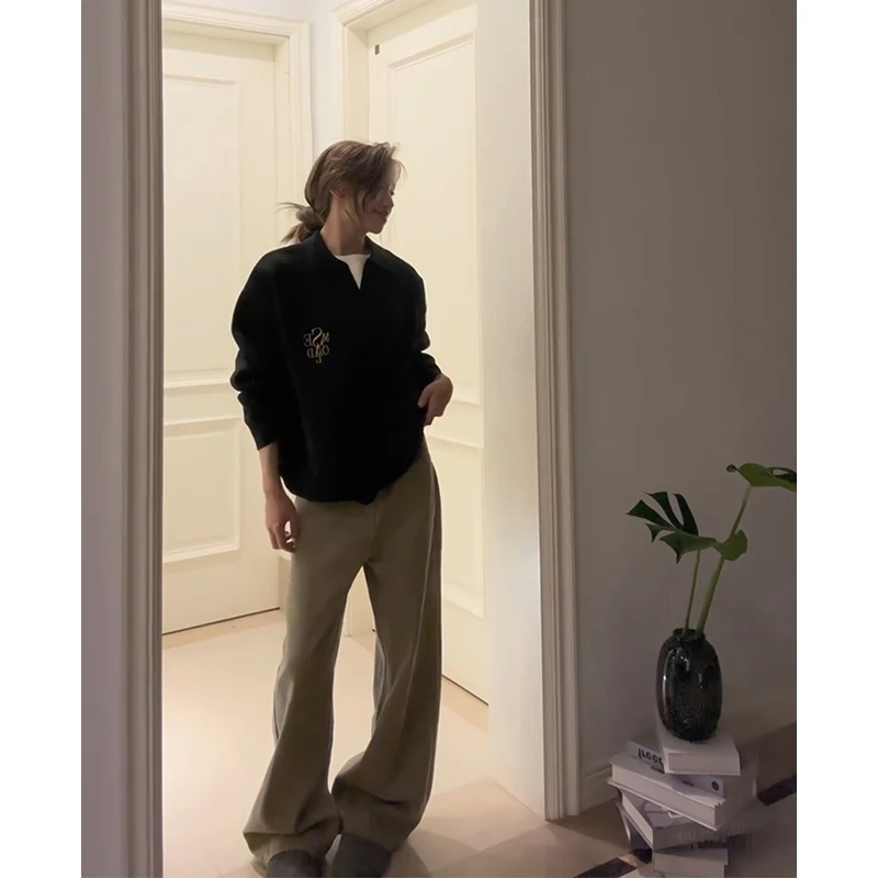 parkyeon高级感黑色Polo领衬衫上衣女秋季新款高腰阔腿牛仔裤套装