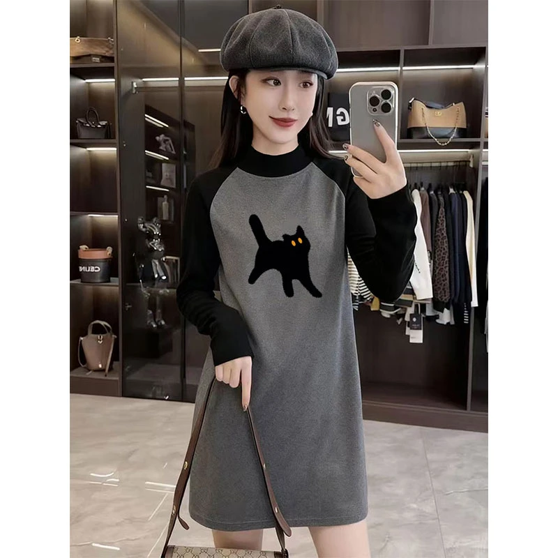 撞色印花半高领插肩袖宽松显瘦双面德绒厚款中长款遮臀长袖打底衫