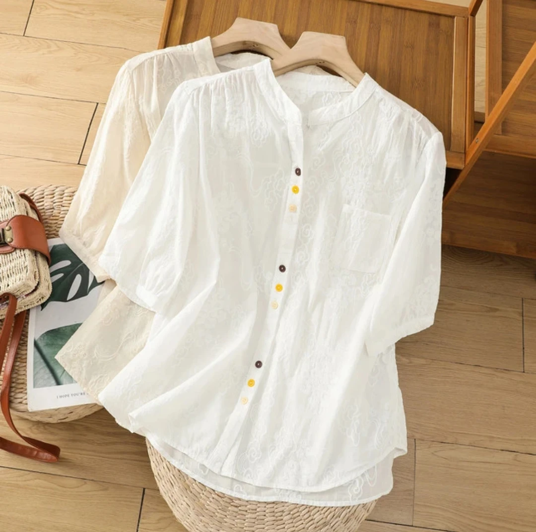 夏新款文艺刺绣衬衣立领彩色扣小众设计感V领衬衫气质五分袖上衣