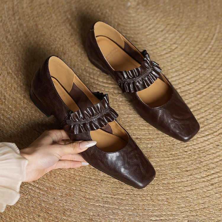 浅口单鞋2025年春秋季韩版花边平底鞋真皮女式单鞋优雅舒适牛皮鞋