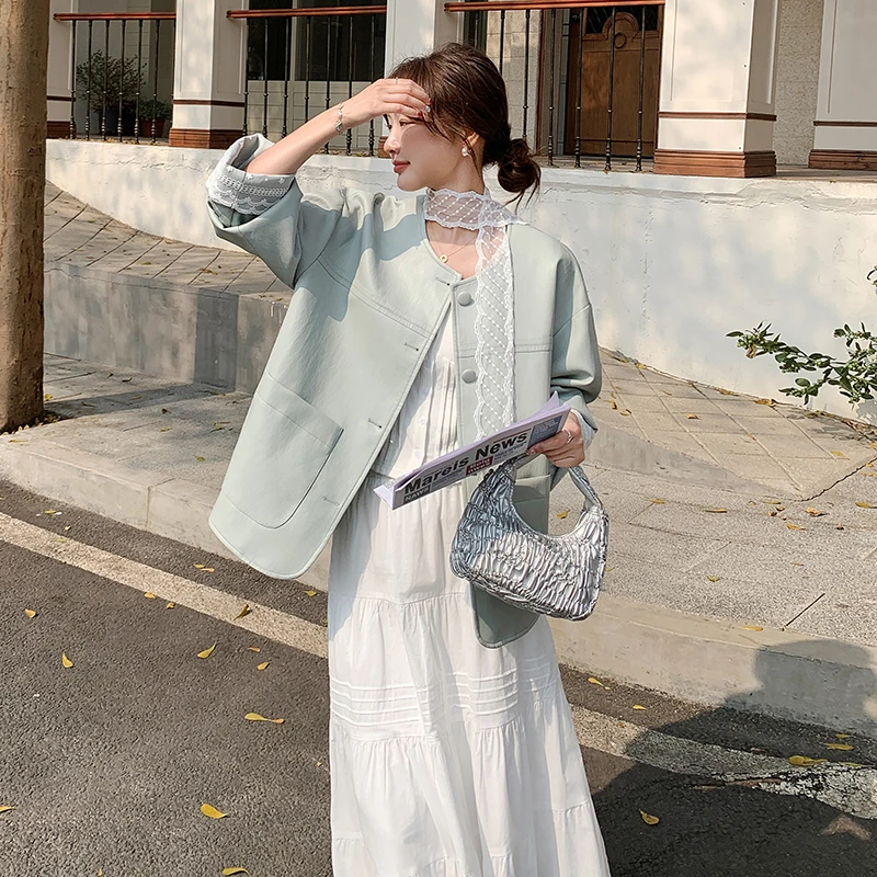 显瘦休闲百搭拼接皮衣宽松外套女2025时尚新款小个子洋气PU感夹克