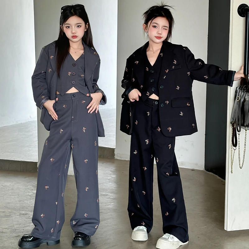 女童高级感西服套装3-15岁2025新款重工外套+马甲+阔腿裤三件套春