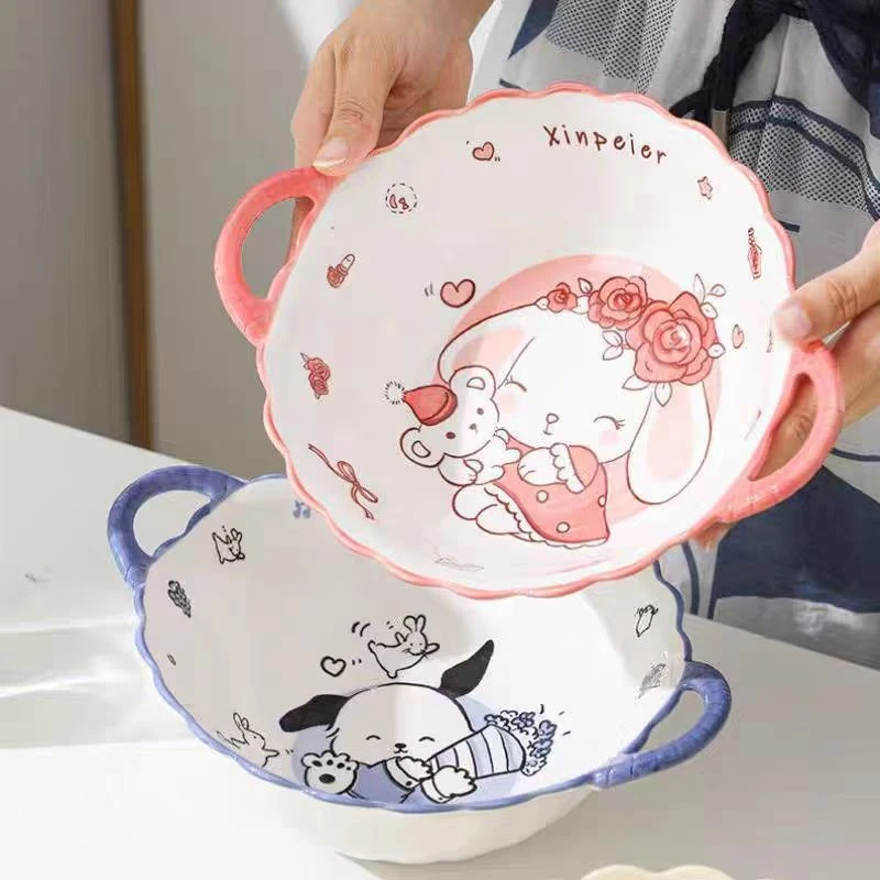 卡通双耳陶瓷碗可爱单个泡面碗家用学生餐具汤碗拉面碗沙拉釉下X