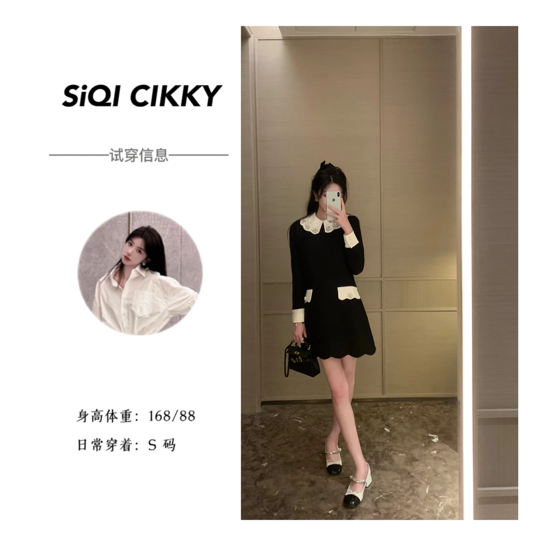 【思琦定制】娃娃领钉钻减龄轻奢休闲拼接连衣裙