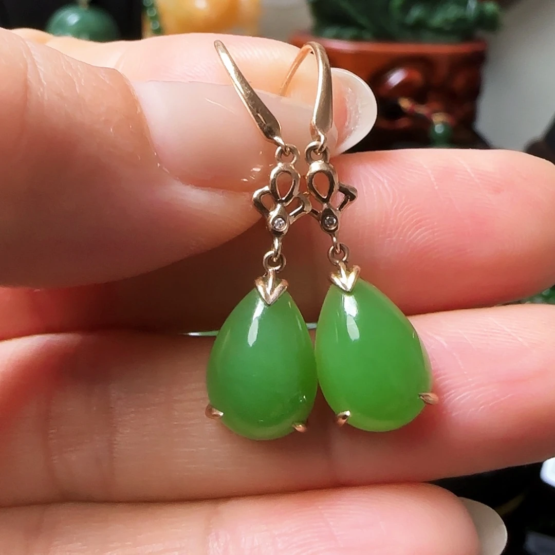 和田玉（碧玉）耳饰18K金镶嵌