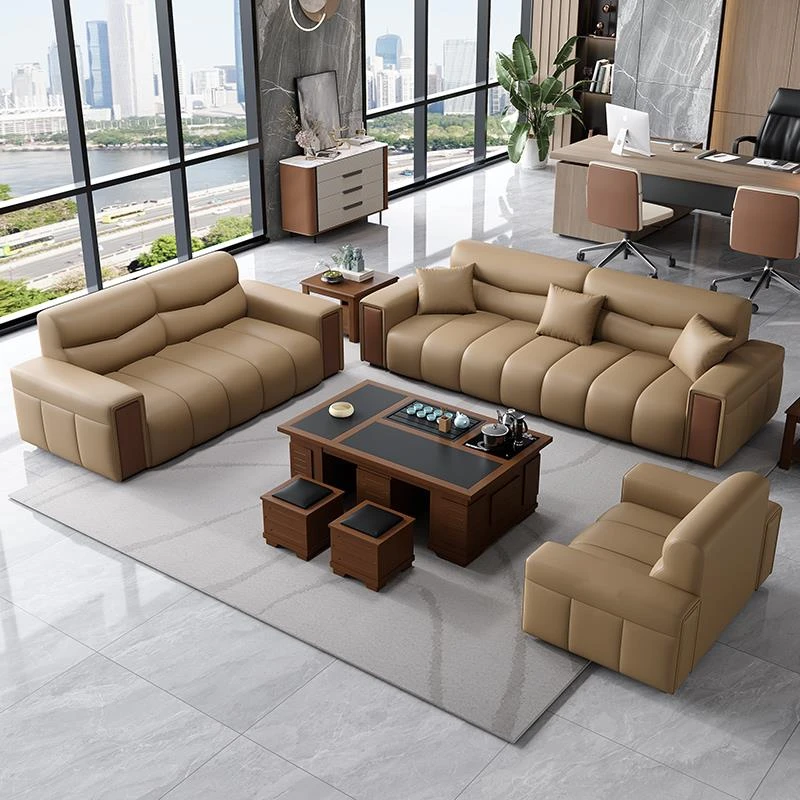 轻奢小户型真皮乳胶办公室休息区接待室办公沙发商务三人茶几组合