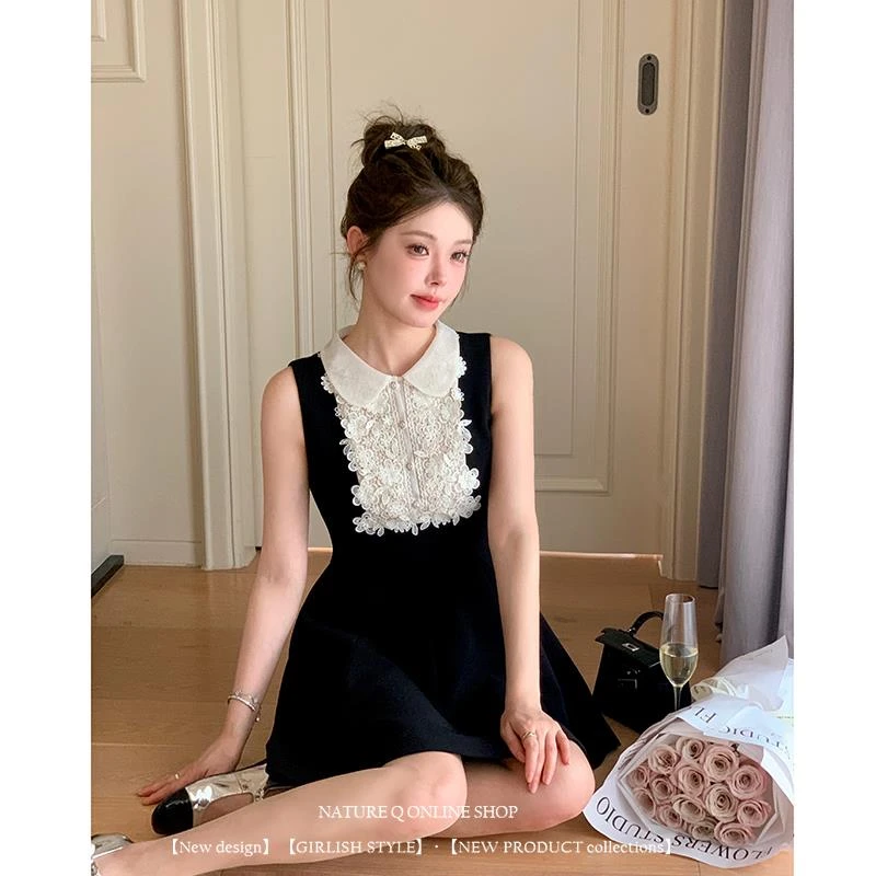 网红露思同款miu系千金蕾丝娃娃领连衣裙法式无袖小黑裙生日裙