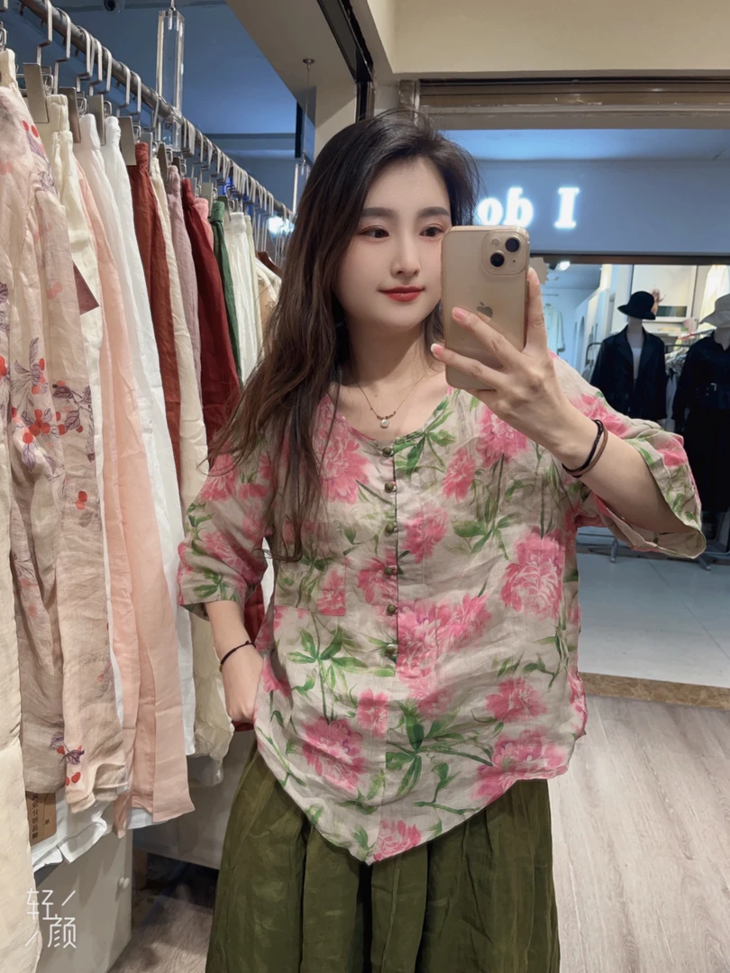 苎麻夏季必备清凉舒适碎花复古显瘦国风宽松圆领扎染印花中式百搭